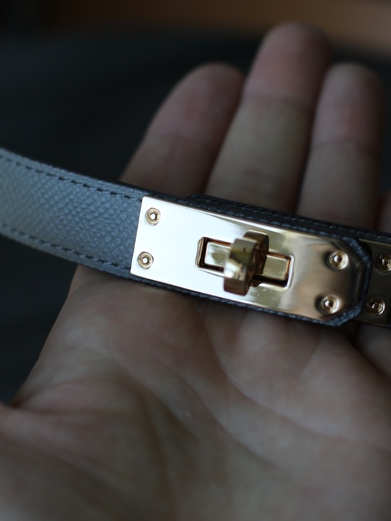 Vera Pelle Gray Leather Belt with Gold Tone Buckle